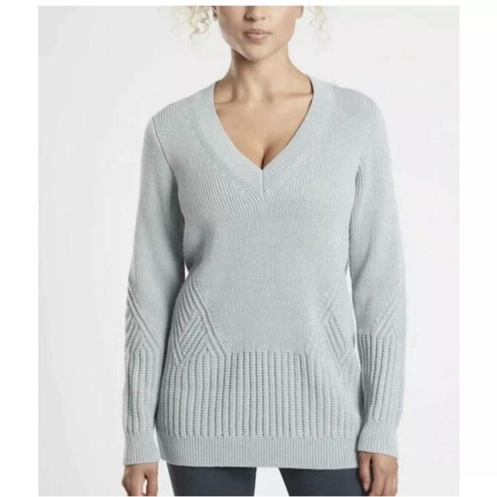Athleta Teton V Neck Sweater Women Small BLUE Heavy Knit Cotton Pullover‎